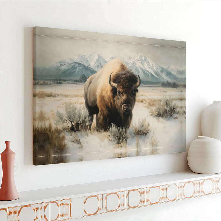 Majestic American Bison Horizontal Canvas | Rustic Winter Buffalo Mountain Landscape Art | Premium 1.25” Gallery Wrap Print | Nature Lover Cabin Decor Gift