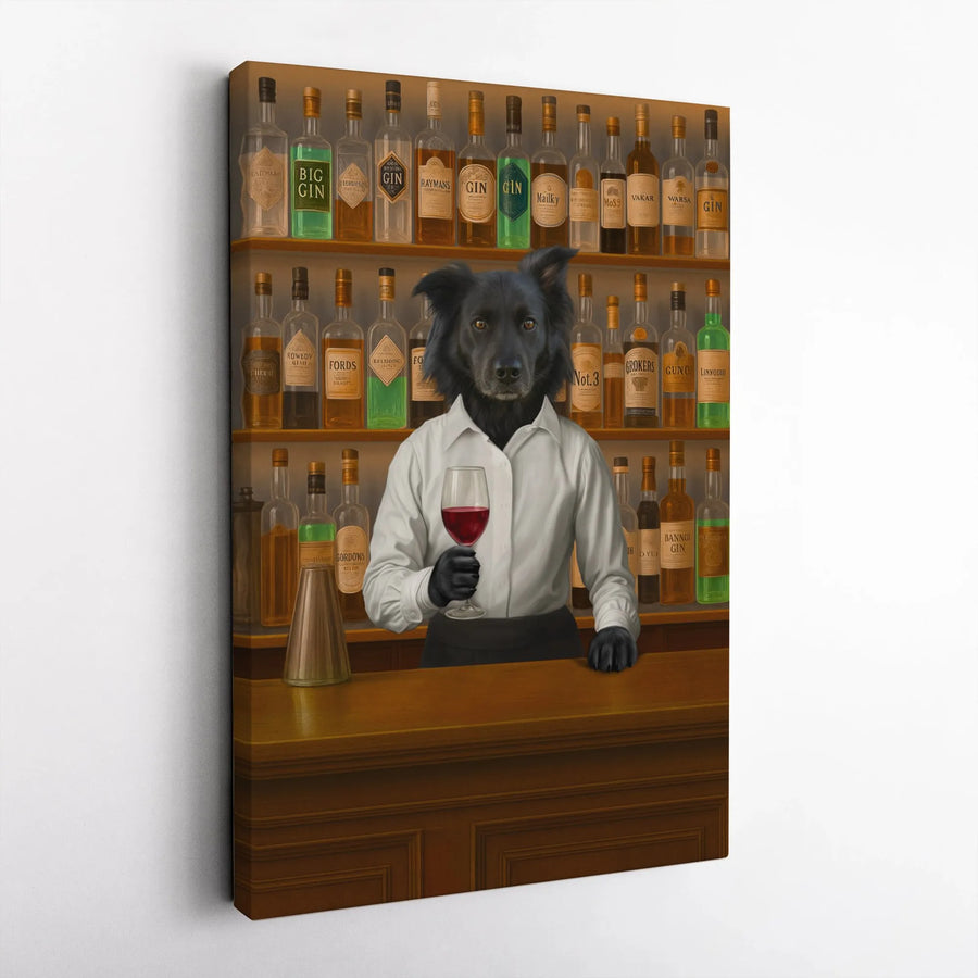 Dog Bartender Canvas Wall Art | Funny Black Dog Pouring Wine | Premium Gallery Wrap Print | Man Cave & Home Bar Decor Gift