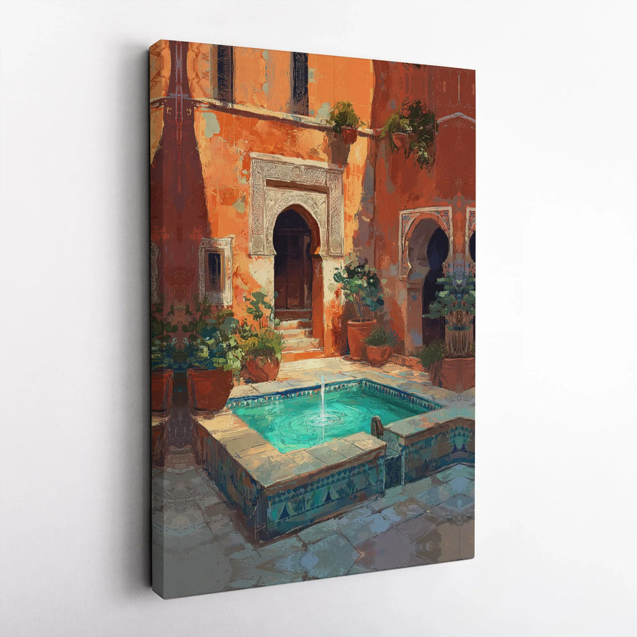 Moroccan Riad Canvas Wall Art | Impressionist Courtyard Fountain Print | Premium Gallery Wrapped Canvas | Bohemian Travel Decor Gift