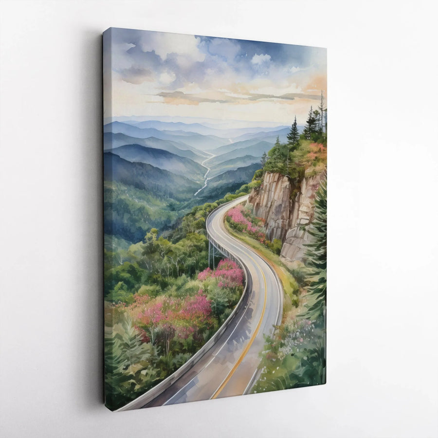 Mountain Road Canvas Wall Art | Watercolor Scenic Landscape | Premium Gallery Wrap Print | Nature Home Decor Gift for Travelers
