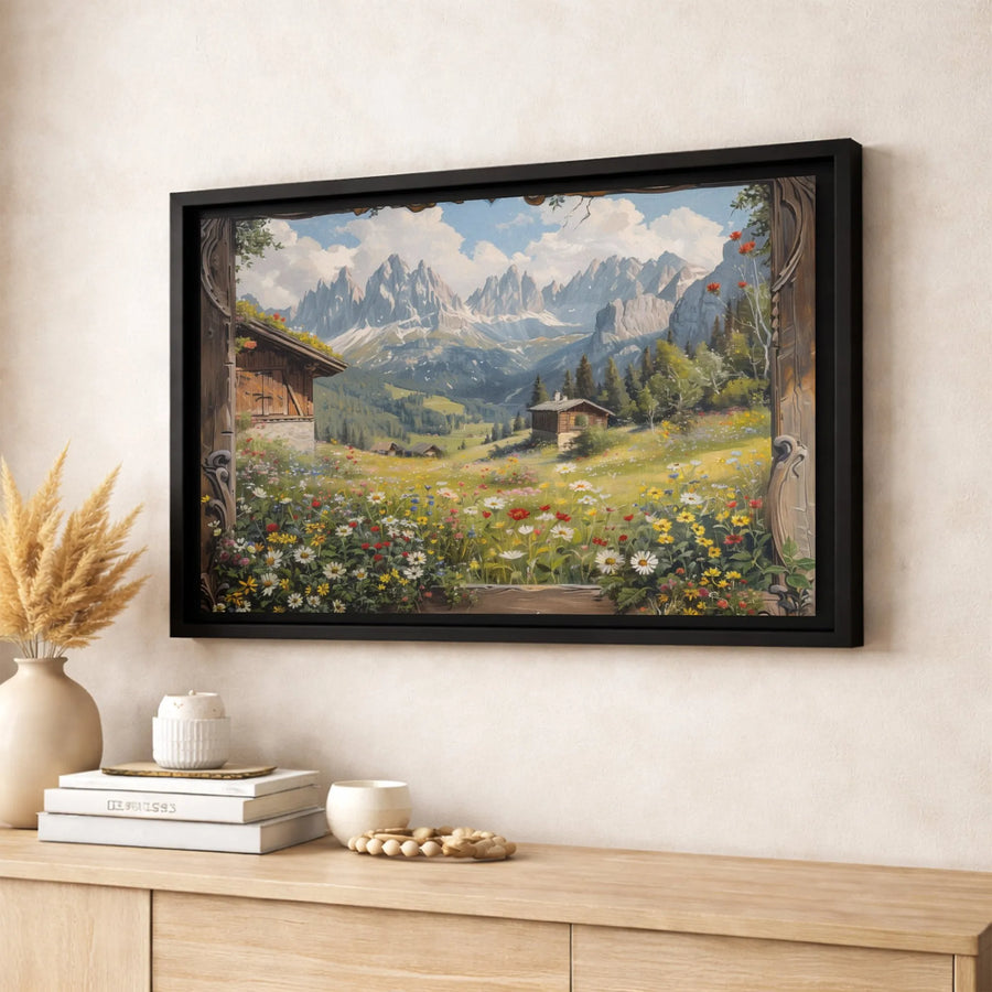 Alpine Mountain Meadow Canvas Art | Realistic Wildflower Landscape Window View | Premium 1.25" Gallery Wrap | Nature-Inspired Home Office Decor
