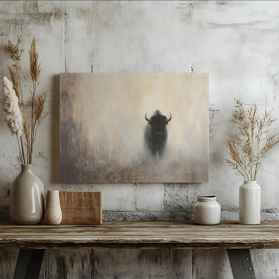 American Bison Canvas Art | Moody Wildlife Mist Print | Gallery-Quality 1.25-Inch Profile | Rustic Lodge Decor for Nature Lovers