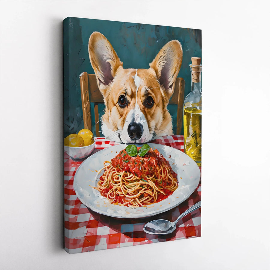 Corgi Spaghetti Canvas Print | Funny Dog & Spaghetti Painting | Thick Gallery Wrap Canvas | Gift for Dog Lover & Kitchen Decor