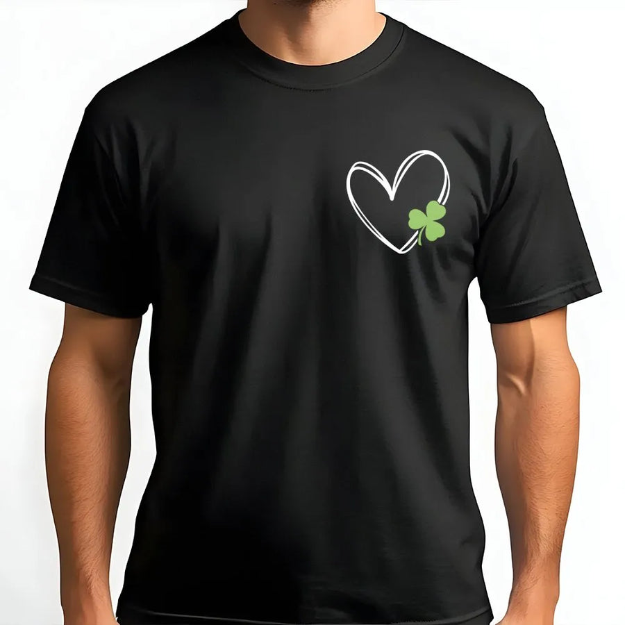 St Patrick's Day Heart T-Shirt | Minimalist Shamrock Pocket Print | Premium Soft Cotton Tee | Cute Irish Clover Gift for Women & Men