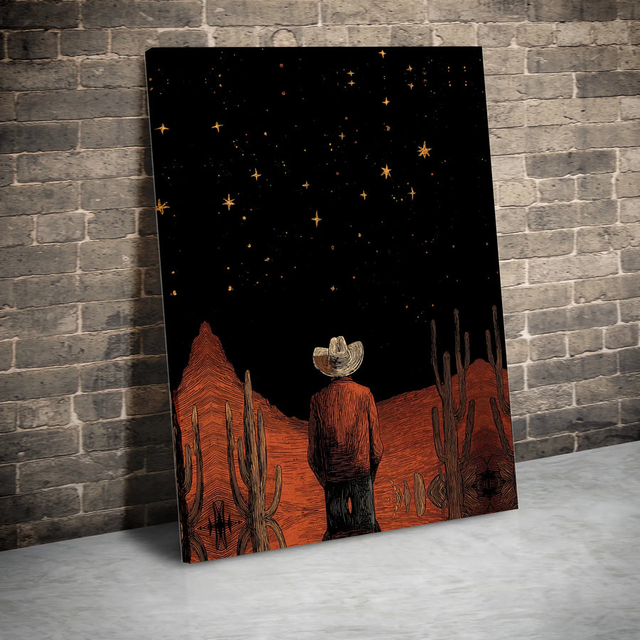 Cowboy Western Canvas Wall Art | Vintage Stargazing Desert Night Print | Premium Gallery Canvas | Rustic Southwestern Decor Gift for Men