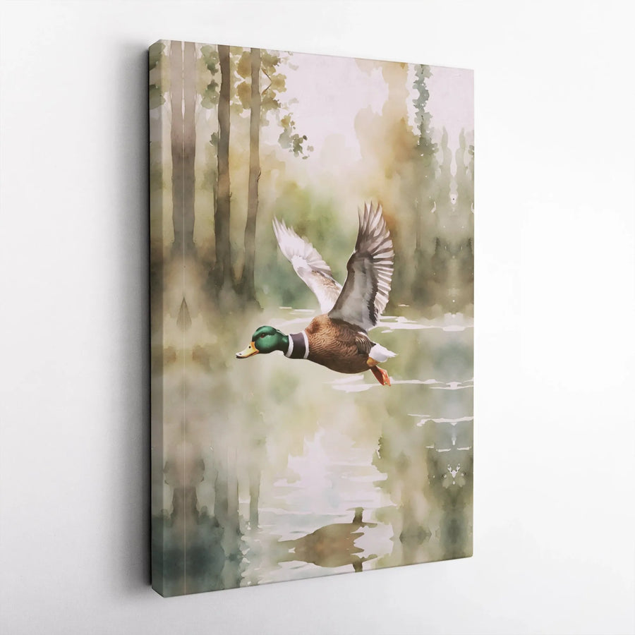 Flying Mallard Duck Canvas Wall Art | Watercolor Wildlife Painting | Premium Thick Gallery Canvas | Gift for Hunter, Rustic Cabin Decor