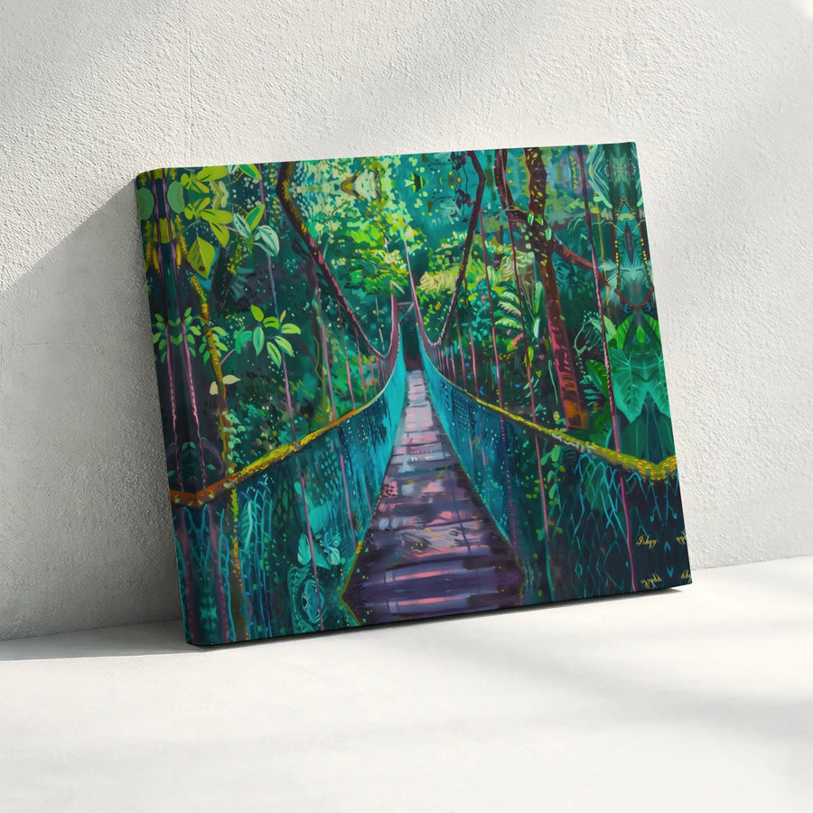 Jungle Suspension Bridge Canvas Wall Art | Vibrant Tropical Forest Landscape | Premium Fade-Resistant Print | Gallery-Quality Home Office Decor