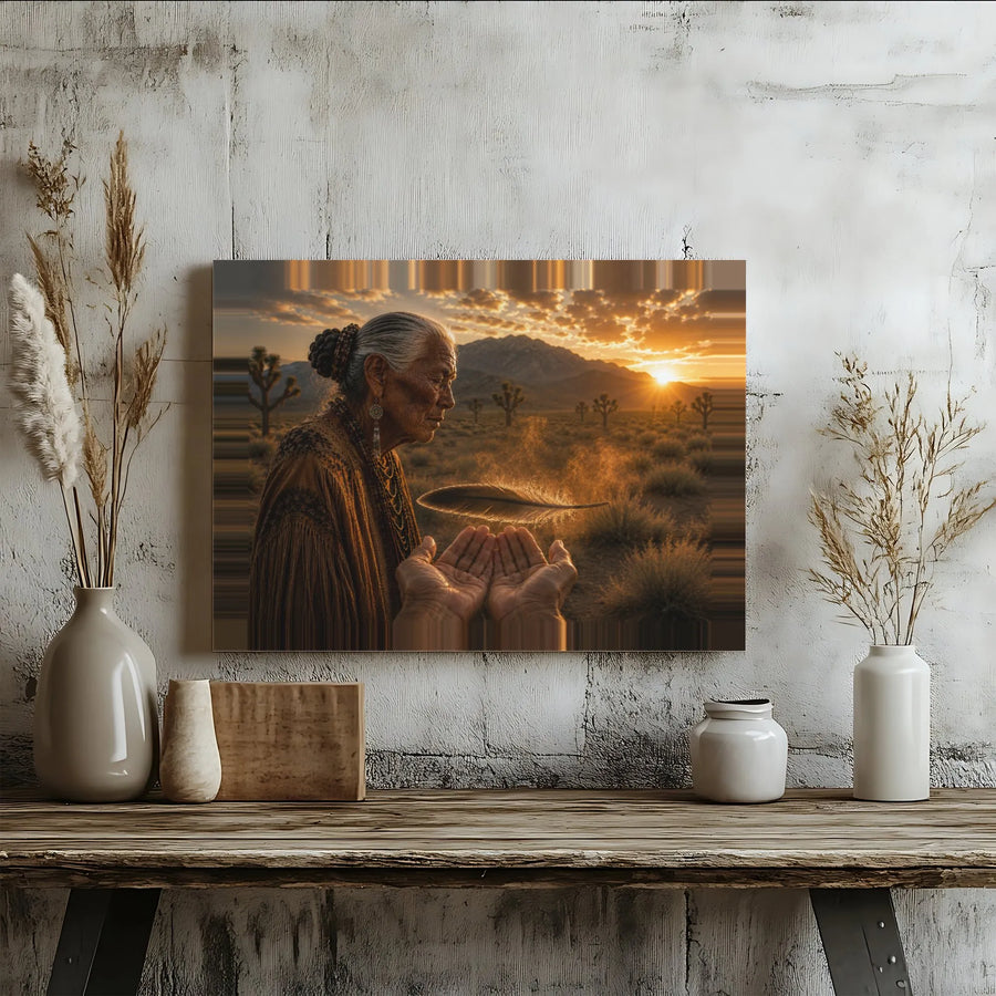 Native American Elder Horizontal Canvas | Floating Feather Sunset Desert Art | Premium 1.25" Gallery Wrap Frameless Wall Art | Spiritual Indigenous Culture Gift