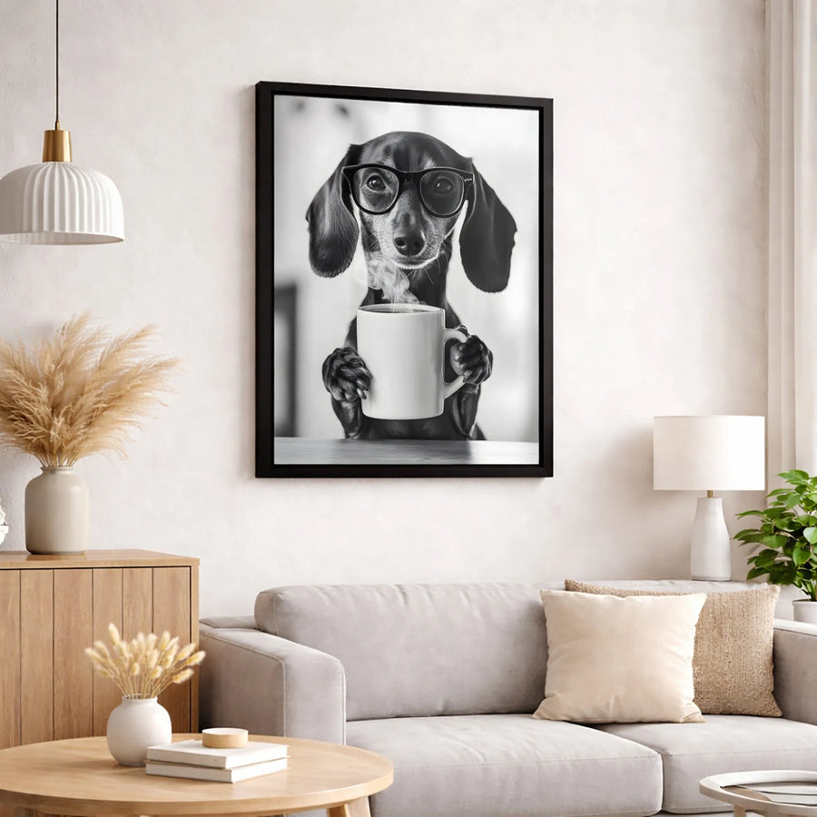 Dachshund Coffee Lover Wall Art | Black and White Dog with Glasses Print | Premium Gallery Wrap Canvas | Unique Gift for Dog Owners