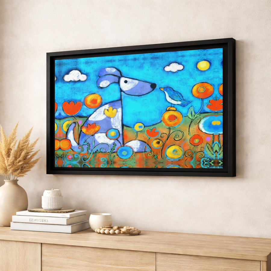 Whimsical Dog and Bird Wall Art | Colorful Folk Art Style Canvas | Premium Fade-Resistant Print | Nursery and Kids Room Decor Gift