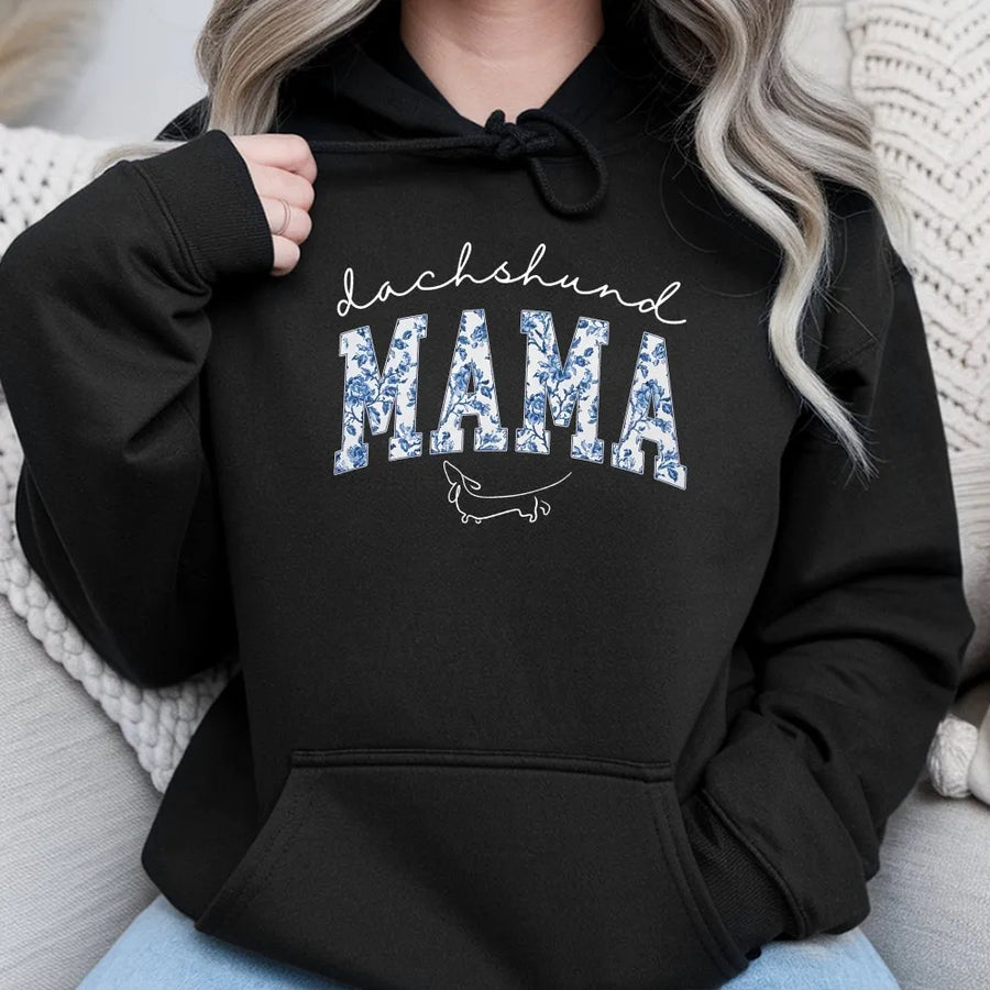 Dachshund Mama Hoodie | Blue Floral Print Weenie Dog | Soft Cotton Blend Sweatshirt | Gift for Doxie Mom and Dog Lovers
