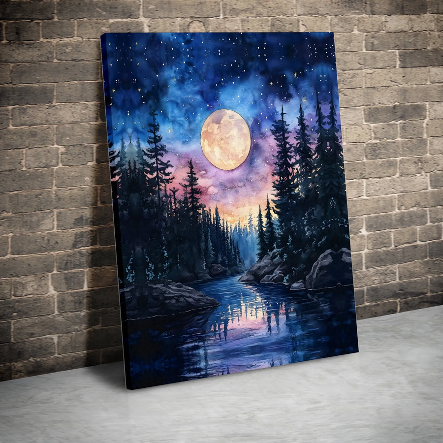 Full Moon Pine Forest Wall Art | Night River Watercolor Print | Premium Gallery Canvas | Nature Landscape Home Decor Gift