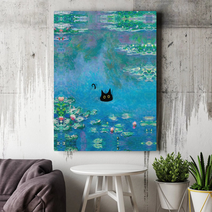 Black Cat Wall Art | Monet Water Lilies Impressionist Style | Premium Gallery Wrapped Canvas | Whimsical Home Decor Gift for Cat Lovers