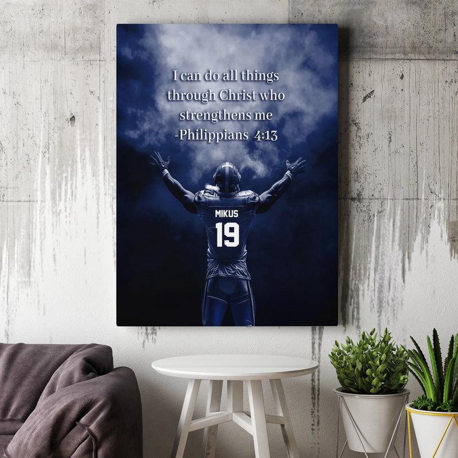 Philippians 4:13 Football Wall Art | Christian Scripture Canvas Print | Premium Gallery-Wrapped Decor | Motivational Gift for Athletes