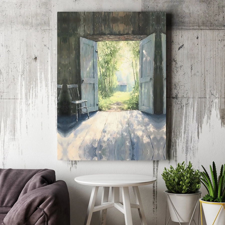 Rustic Open Door Canvas Print | Impressionist Sunlit Pathway Painting | Premium Gallery Wrapped Canvas | Farmhouse Wall Decor Gift