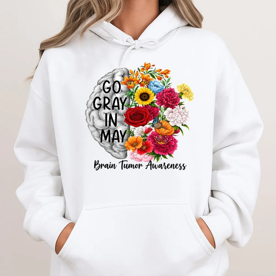 Go Gray In May Hoodie | Brain Tumor Awareness Floral Brain Design | Premium Soft Crewneck | Cancer Warrior & Survivor Support Gift
