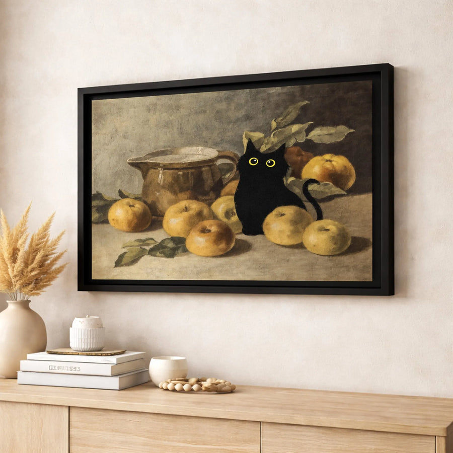 Black Cat Still Life Canvas Print | Whimsical Vintage Oil Painting Style | Premium Gallery Wrapped Decor | Unique Gift for Cat Lovers