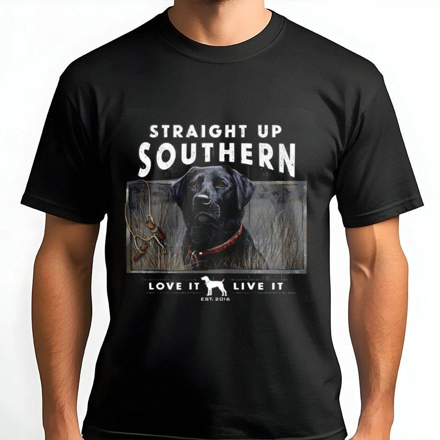 Black Labrador T-Shirt | Southern Duck Hunting Dog Design | Premium Cotton Graphic Tee | Gift for Hunter and Dog Lover