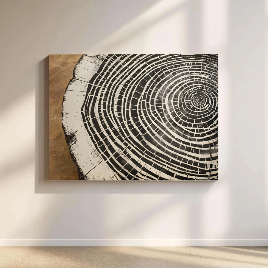 Abstract Tree Ring Canvas Wall Art | Monochrome Wood Grain Gallery Wrap | Premium 1.25 Inch Stretched Canvas | Modern Office Decor Gift