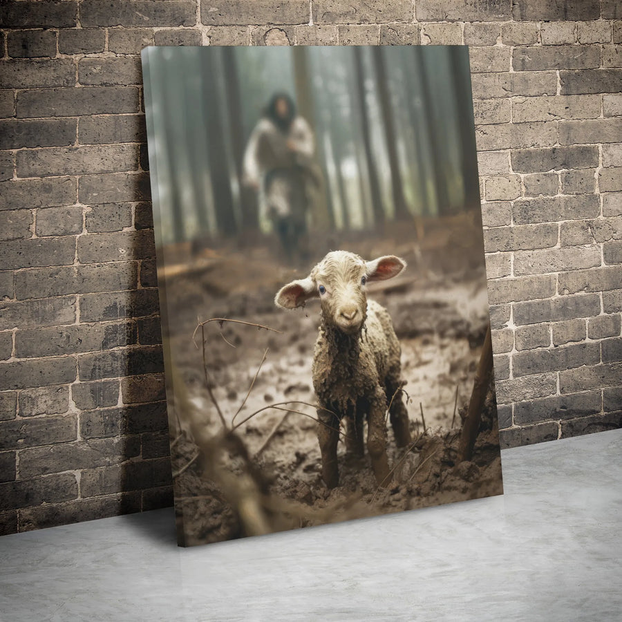 Shepherd Finding Lost Lamb Canvas Art | Biblical Parable Forest Scene | Premium Gallery Wrap Wall Decor | Christian Home Gift For Believers