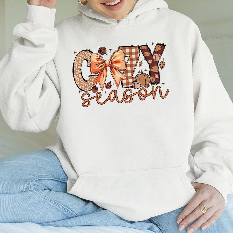 Cozy Season Hoodie | Fall Aesthetic Pumpkin Bow Graphic | Cotton Blend Premium Pullover | Trendy Thanksgiving Gift For Her