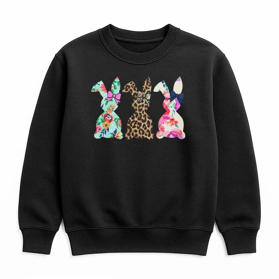 Easter Bunny Sweatshirt | Floral Leopard Print Rabbits Graphic | Premium Cotton Blend Crewneck | Cute Spring Holiday Gift for Women