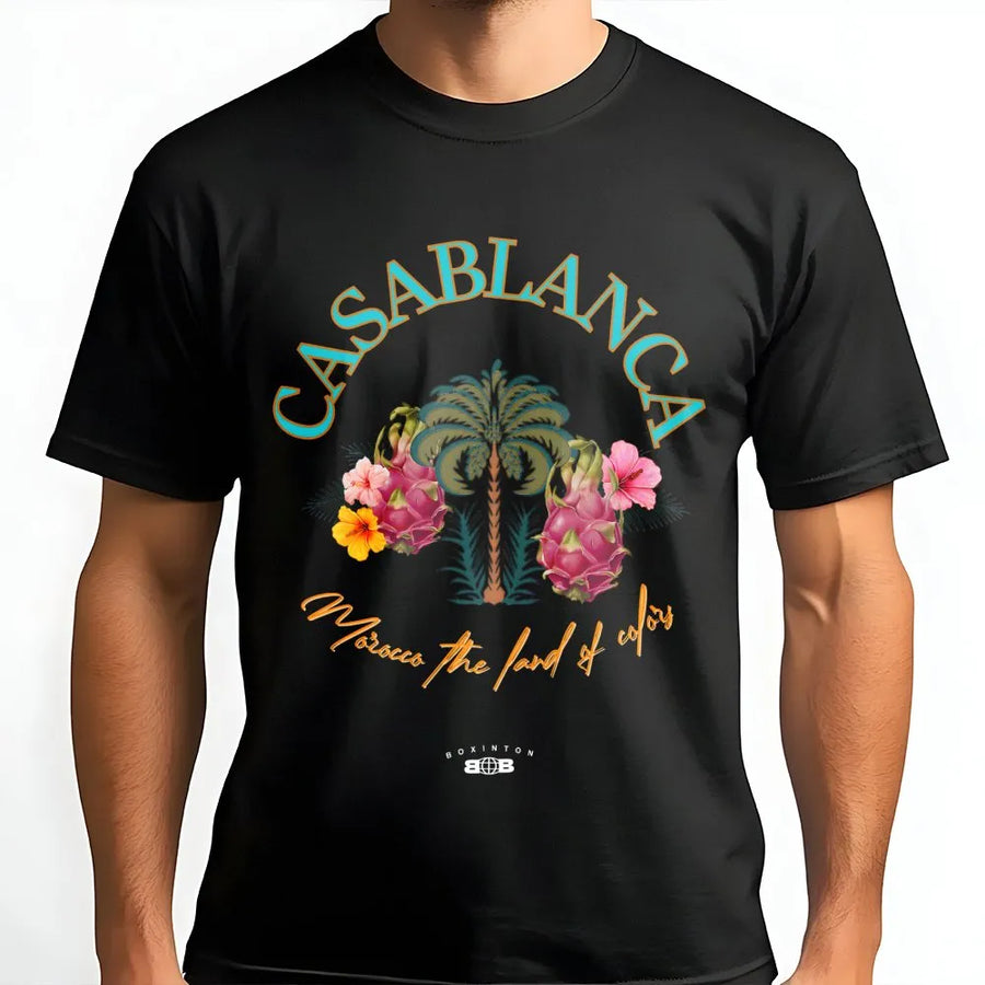 Casablanca Morocco T-Shirt | Tropical Dragon Fruit Palm Tree Graphic | Premium Soft Cotton | Unisex Travel Vacation Gift Tee