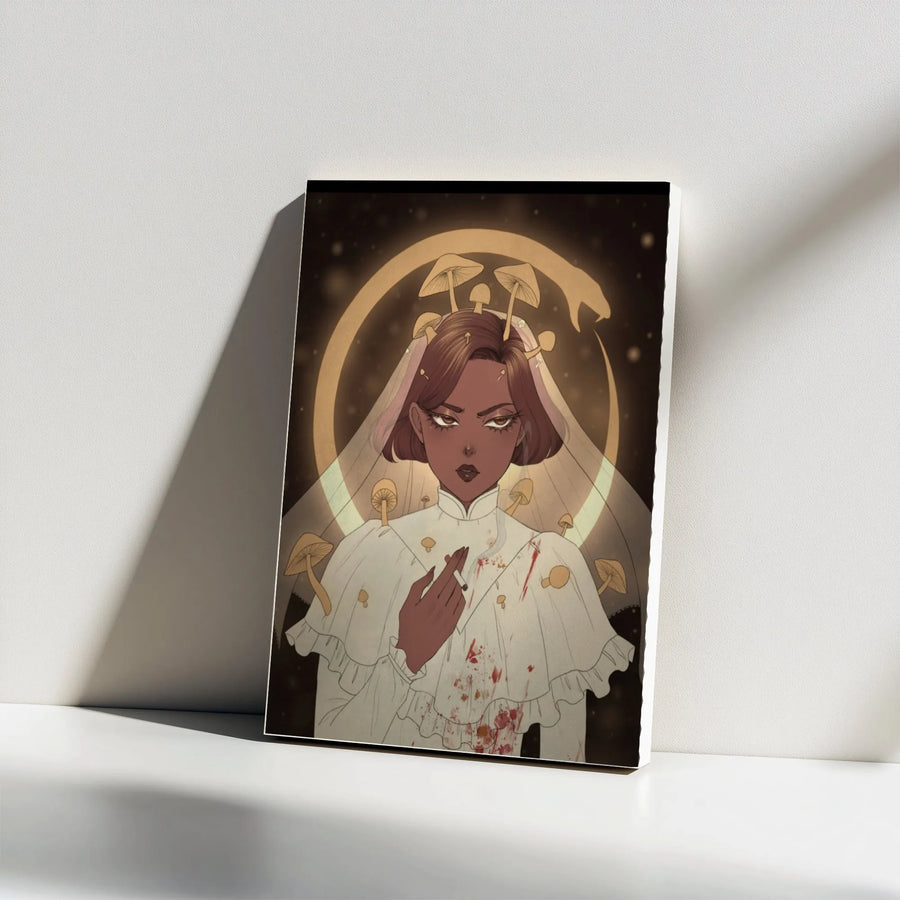 Gothic Mushroom Bride Vertical Canvas | Surreal Ouroboros Illustration | Premium 1.25" Gallery Wrapped Canvas | Dark Fantasy Home Decor Gift