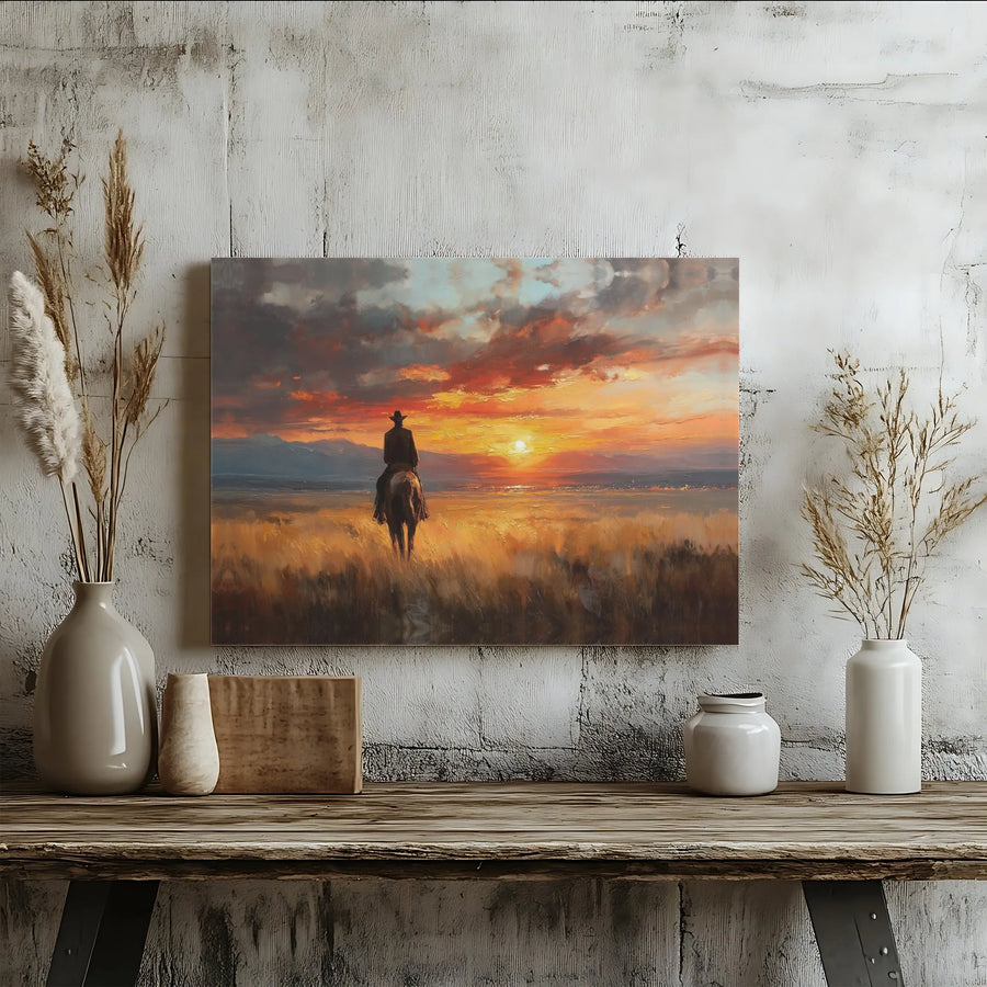 Western Cowboy Canvas Wall Art | Lone Rider Sunset Landscape | Premium Gallery Wrapped Print | Rustic Home & Office Decor Gift