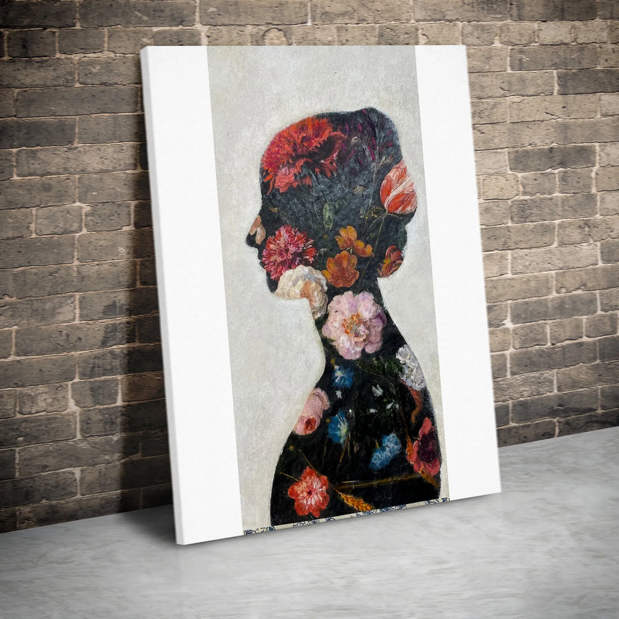 Floral Woman Silhouette Canvas Wall Art | Vintage Dutch Flower Painting Style | Premium Gallery Wrapped Canvas | Abstract Botanical Art Gift for Her