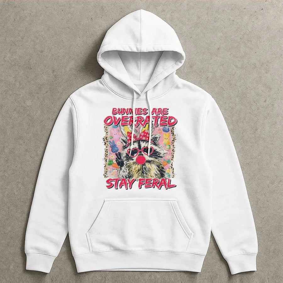 Bunnies Are Overrated Stay Feral Hoodie | Funny Raccoon Easter Graphic Sweatshirt | Premium Cotton-Blend Pullover | Sarcastic Gift for Animal Lovers