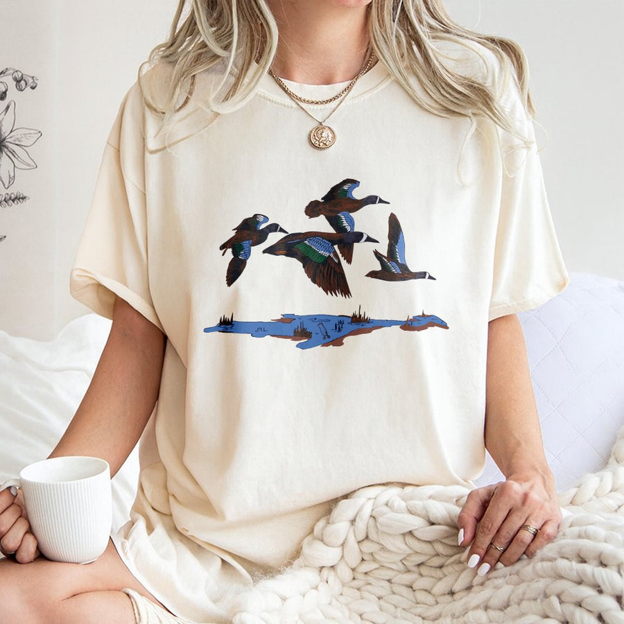 Flying Duck T-Shirt | Mallard Waterfowl Art | 100% Soft Cotton Premium Tee | Wildlife Gift for Hunter and Nature Lover
