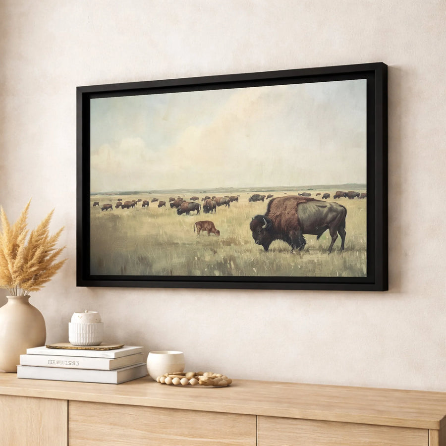 American Bison Canvas Wall Art | Grazing Buffalo Prairie Landscape | Gallery-Wrapped Premium Print | Western Wildlife Home Decor Gift