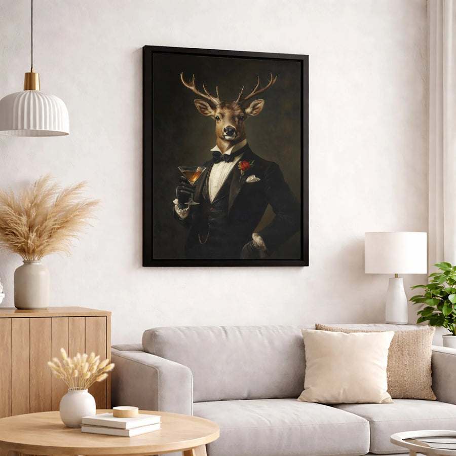 Dapper Deer Canvas Wall Art | Sophisticated Animal Portrait in Tuxedo | Premium 1.25" Gallery Wrap | Whimsical Gentleman Stag Decor for Home or Office