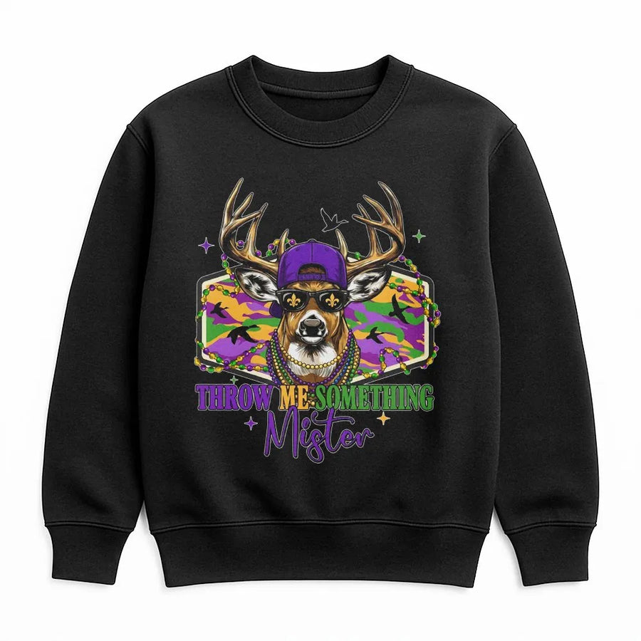 Mardi Gras Deer Sweatshirt | Throw Me Something Mister Graphic | Premium Cotton Blend | New Orleans Parade Gift For Hunters