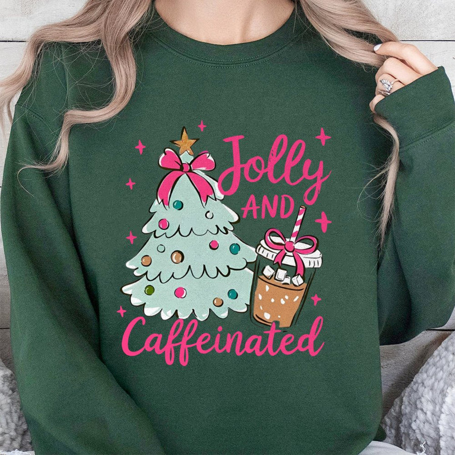 Jolly And Caffeinated Christmas Sweatshirt | Coffee Lover Graphic Tee | Premium Cotton Blend Crewneck | Holiday Gift For Her