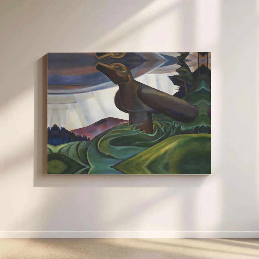Totem Bird Wall Art | Abstract Pacific Northwest Landscape Canvas | Premium Gallery Wrapped Print | Nature Inspired Home Decor Gift