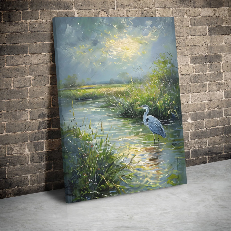 Great Blue Heron Canvas Art | Impressionist Marshland Landscape | Premium Gallery Wrap Print | Nature Home Decor Gift for Bird Lovers