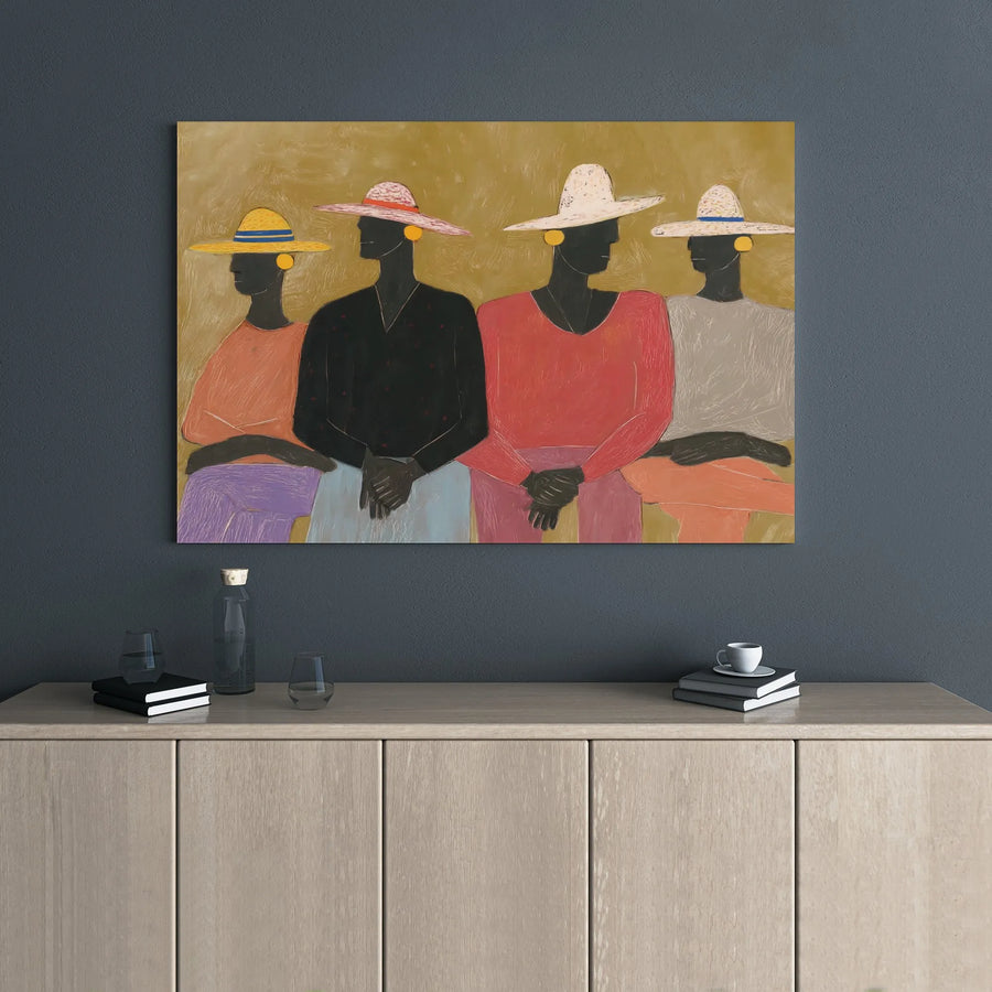 Abstract African American Wall Art | Four Women In Colorful Hats Portrait | Premium Gallery Wrap Canvas | Modern Afrocentric Home Decor Gift