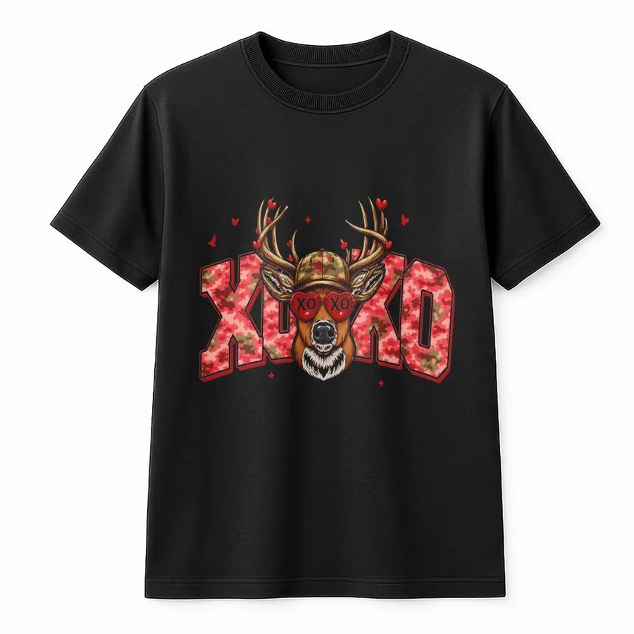 Valentine Deer T-Shirt | Pink Camo XOXO Graphic with Heart Sunglasses | Premium Soft Cotton Blend | Valentine's Day Gift for Her