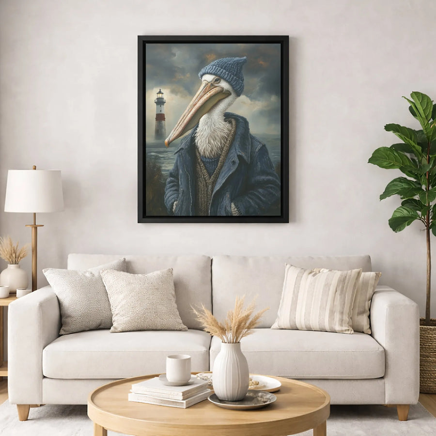 Pelican Fisherman Canvas Wall Art | Whimsical Nautical Lighthouse Portrait | Premium Gallery-Wrapped Print | Coastal Decor Gift for Sea Lovers
