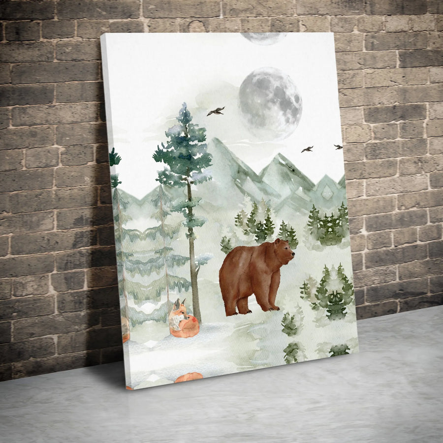Watercolor Woodland Bear And Fox Canvas | Snowy Mountain Forest Nursery Wall Art | Premium Gallery Wrapped Decor | Mountain Cabin Gift
