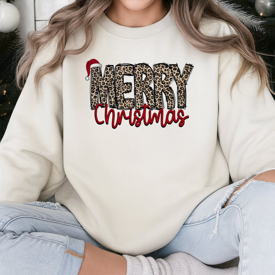 Merry Christmas Sweatshirt | Leopard Print Holiday Graphic | Cotton Blend Unisex Pullover | Festive Gift for Her