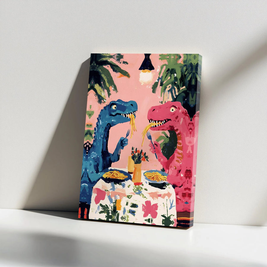 Dinosaur Date Canvas Wall Art | Whimsical T-Rex Couple Eating Spaghetti | Premium Gallery Wrap Print | Fun Home Decor Gift for Foodies