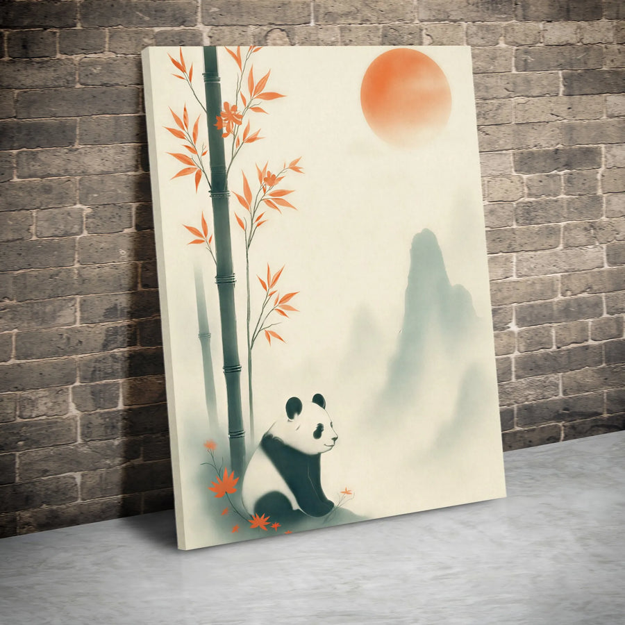 Panda Bear and Bamboo Vertical Canvas | Japanese Style Ink Wash Landscape Art | Premium 1.25" Gallery Wrap | Zen Home Decor Gift for Nature Lovers