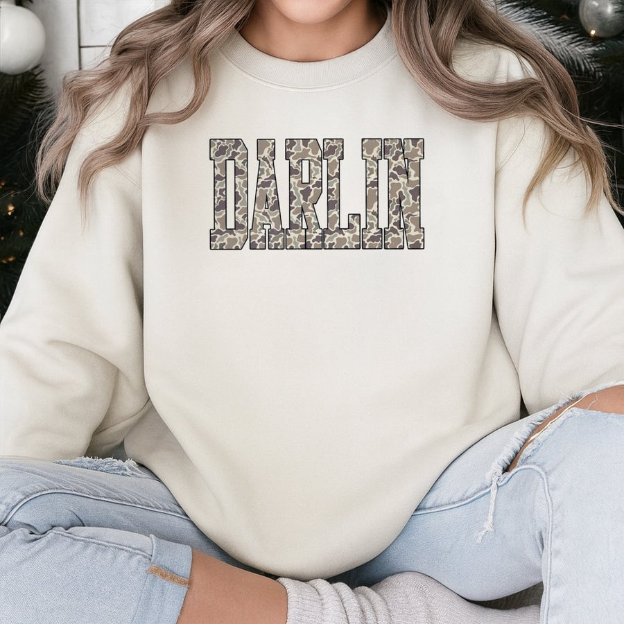 Darlin Camo Sweatshirt | Rustic Western Country Graphic | Cotton Blend Premium Crewneck | Gift for Cowgirls and Southern Style Lovers