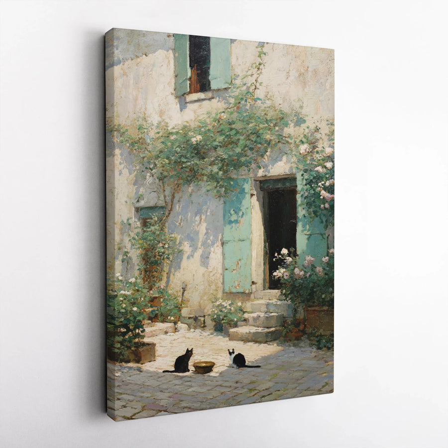 French Country Garden Canvas Print | Two Cats in Courtyard Oil Painting | Premium Gallery Wrap Wall Art | Charming Farmhouse Home Decor