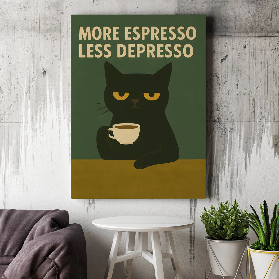 More Espresso Less Depresso Canvas Wall Art | Grumpy Black Cat Coffee Poster | Premium Gallery Wrap Decor | Funny Kitchen Office Gift