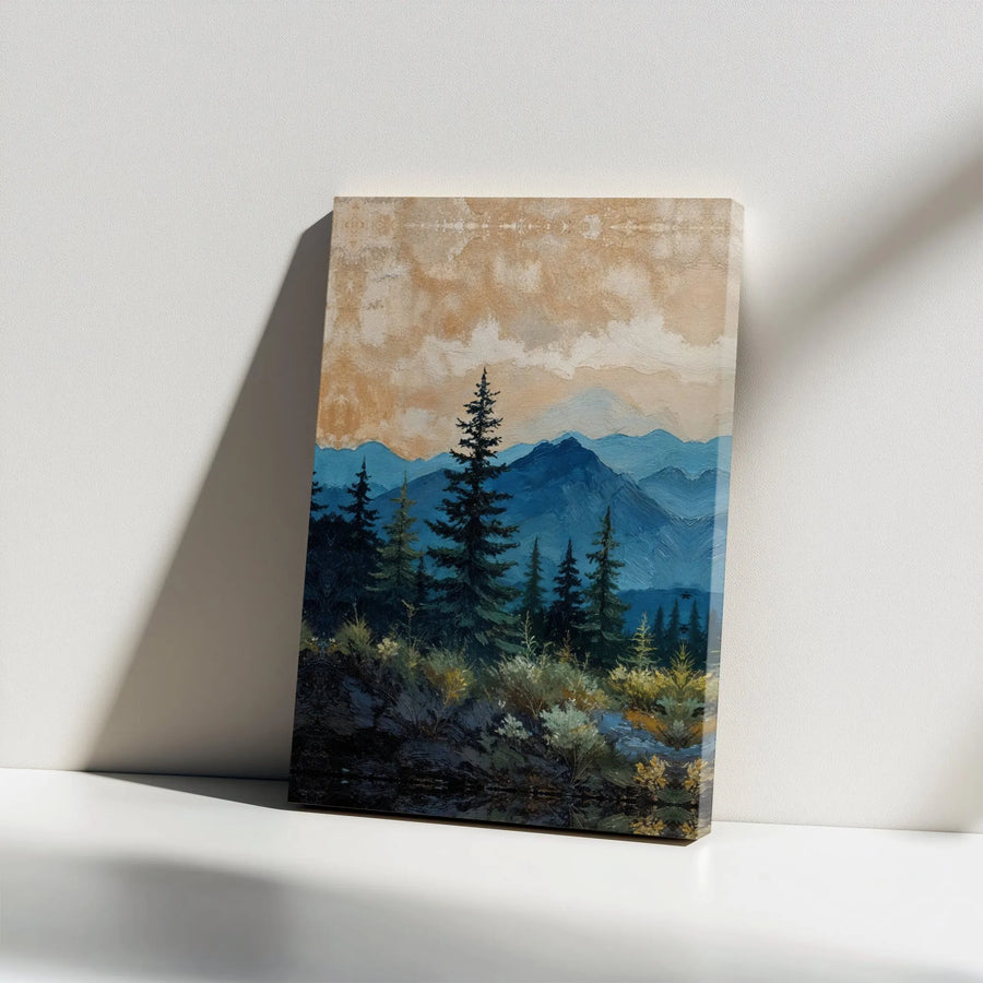 Mountain Landscape Canvas Wall Art | Rustic Pine Forest Oil Painting Print | Premium Gallery Wrapped Canvas | Nature Inspired Living Room Decor Gift