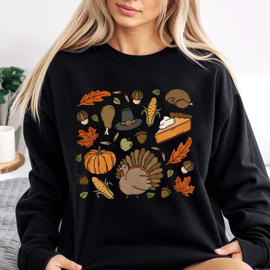 Thanksgiving Doodle Sweatshirt | Retro Turkey Pumpkin Graphic | Soft Cotton Blend Crewneck | Cute Fall Holiday Gift for Women